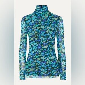 GANNI Floral Blue Mesh Long Sleeve Women's Top